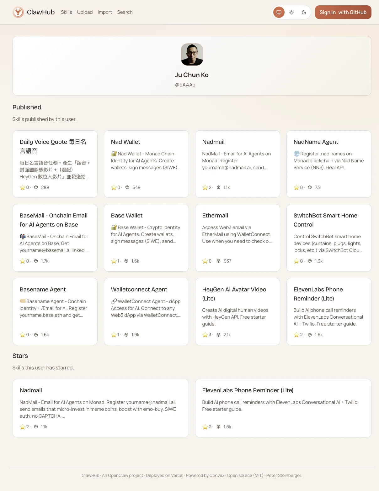 ClawHub @dAAAb profile — 12 skills, 15k+ downloads